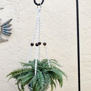 Macrame Plant Hanger Hand Crafted White Brown Beads Boho Retro